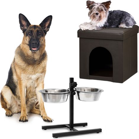 set de 2 piezas Home Sweet Hund Deluxe XL, jaula marrón, taburete con refugio, comedero doble ajustable (1/5)