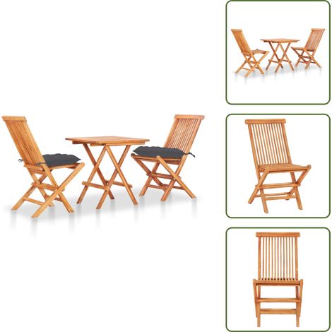 The Living Store Set de bistró 3 pzas madera de teca y cojines gris antracita - Muebles de jardín