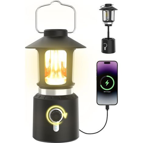 Retro classique LED Camping Lanterne, rechargeable sans pas Dimming Vintage Lanterne, 3 modes de lumière (2000K-6500K), 8000mAh Power Bank, Lumière de tente suspendue lumineuse, noir (1/5)