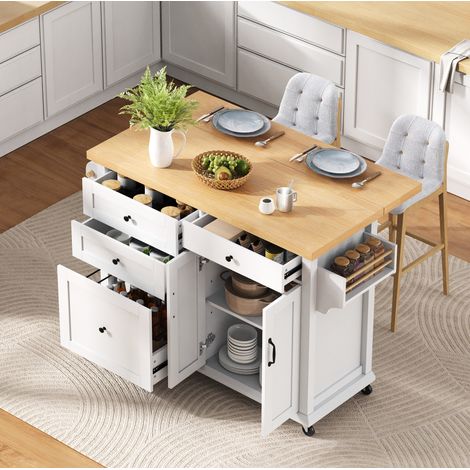 Isola da cucina 107x45-70x90.5 cm bianco e naturale in MDF con ruote, piano estraibile e cassetti multifunzione (1/5)