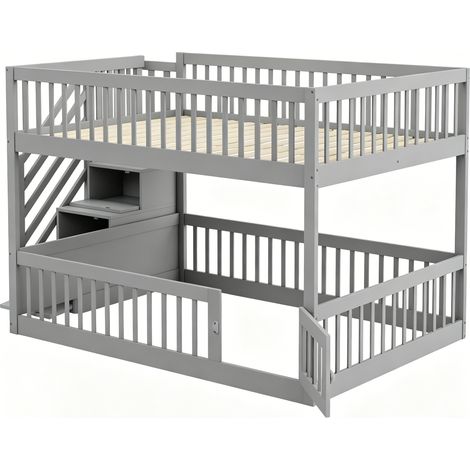 Kinder-Etagenbett 140 x 200 cm grau mit Stauraumtreppe und Schubladen (1/5)