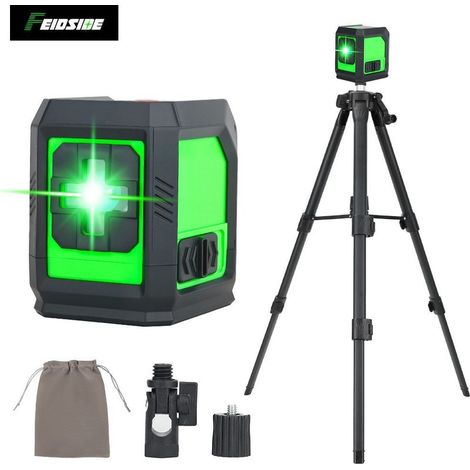 Selbstnivellierender 2-Linien-Laser mit grünen Laserstrahlen, horizontalen und vertikalen Kreuzlinien sowie einem 1 m langen, verstellbaren Stativ. (1/5)