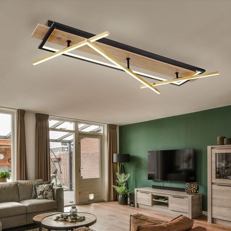 LED Deckenlampe Deckenleuchte Holzlampe messing Wohnzimmerleuchte verstellbar, Metall Aluminium schwarz MDF, 48W 2100lm 3000K warmweiß, LxBxH 100x60,5x11,5 cm
