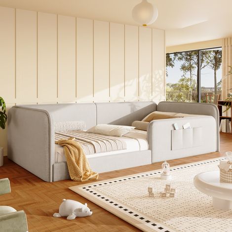 Modernluxe - Lit simple 90 x 200 cm - Lit enfant en lin - Garnissage en mousse - Sac de rangement - MDF - Beige (sans matelas) (1/5)