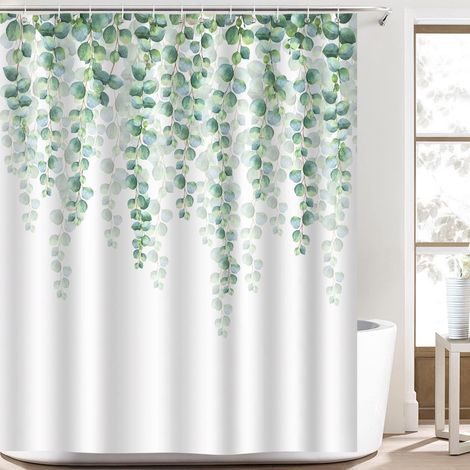 Rideau de douche à motif de feuilles d'eucalyptus vertes, 180 x 180 cm, en polyester imperméable et résistant à la moisissure, avec crochets. (1/5)