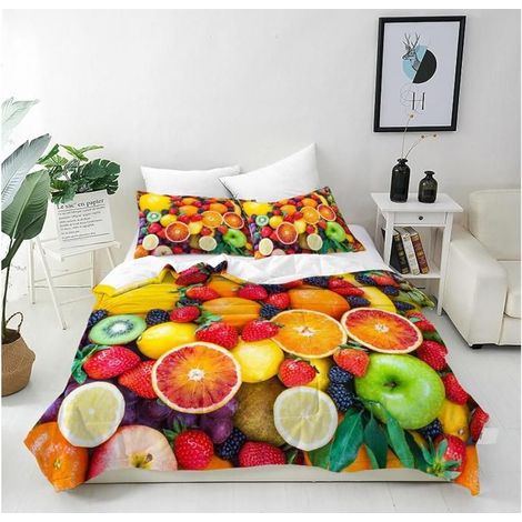 Housse de Couette 90x190 cm avec 2 Taies d'oreiller 65x65 cm Microfibre Parure de Lit Imprimé Coloré Fruits Fermeture Éclair - 2KP (1/4)
