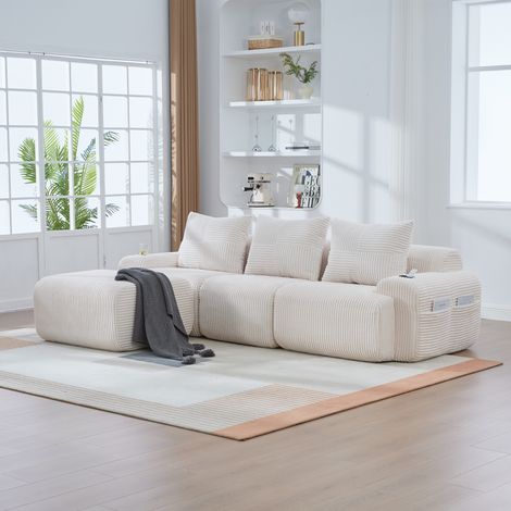 Canapé modulable en velours côtelé pour 3 personnes (avec poufs), combinable librement, avec porte-gobelet et poche de rangement latérale, idéal pour le salon, la salle familiale et d'autres pièces, B (1/5)
