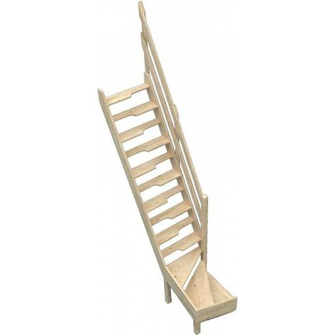 Levigne – Escalier quart tournant bas à pas décalés en sapin massif – Hauteur 280 cm, encombrement 183 cm, charge max 150 kg – Rampe incluse