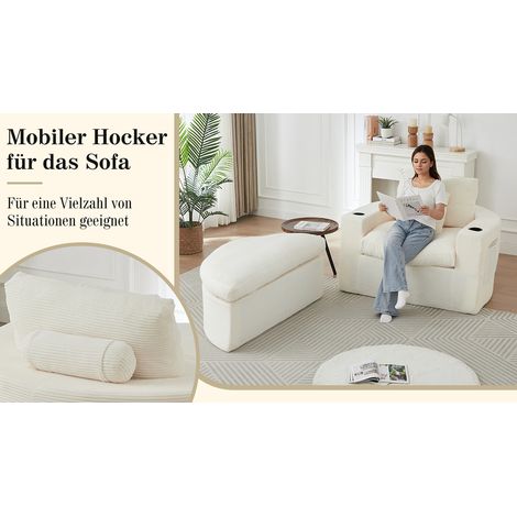 Fauteuil relax avec pouf en tissu côtelé beige, modulable, gain de place – MEUBLIV (1/5)