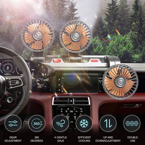 Tragbarer 3-Rotor-Autoventilator mit 360°-Drehung, 2 Geschwindigkeitsstufen, integriertem Aromatherapie-Behälter und Parkplatznummernschild, 5V USB-Netzteil (1/5)