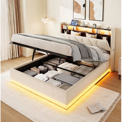 Letto 160x200 cm in velluto beige con testiera contenitore, LED, USB/Type-C e rete a doghe