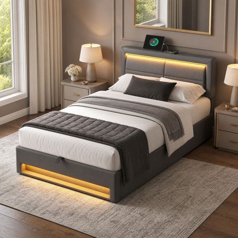 MEUBLIV Lit 90x200 cm gris – tête de lit LED, rangement et USB, sans matelas (1/5)