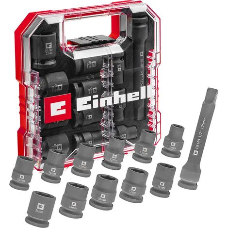 Set di bussole originali Einhell da 12 pezzi (acciaio CrMo, misure da 10-21 mm, prolunga da 125 mm, custodia a L con inserto in EVA, compatibile con cricchetti e avvitatori a impulsi da 1/2")