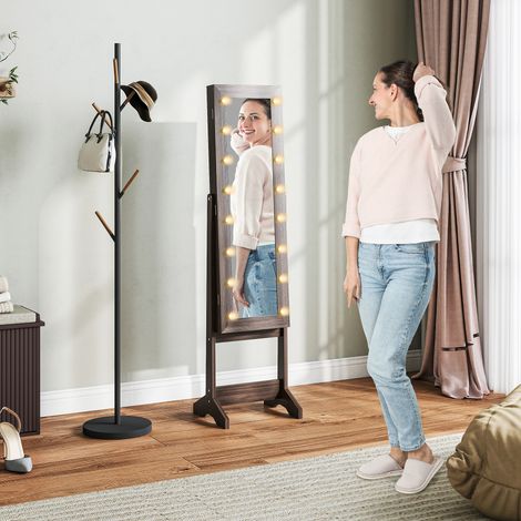 Armoire à Bijoux, Armoire de Rangement sur Pieds, Boîte à Bijoux avec Miroir Multi-Rangements Éclairage LED Marron Foncé (1/5)