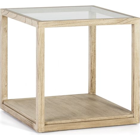 Table d'appoint carrée verre et bois massif blanc voilé Orina H 60 cm
