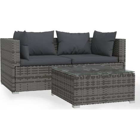 Mobili da giardino mobili da esterno Set di mobili da 3 pezzi con cuscini grigi in resina intrecciata