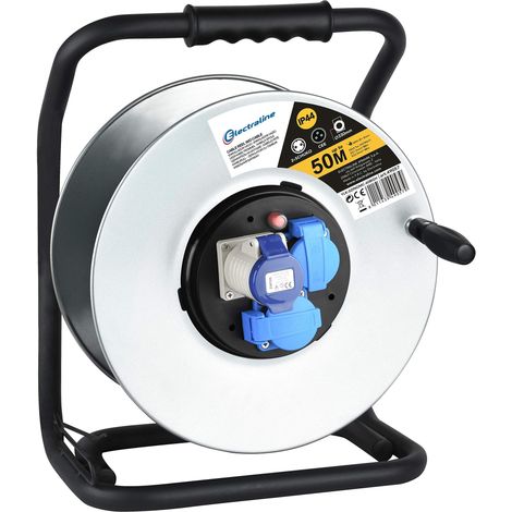 Electraline 49057 Avvolgicavo, Avvolgi-Prolunghe Senza Cavo in Metallo antiruggine per Uso Professionale, con 2 Prese Schuko + 1 Industriale IEC. Maniglia eronomica + Pomello Rotante (1/5)