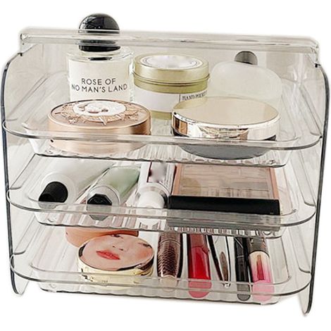 Plateau de rangement maquillage 3 niveaux en acrylique transparent, anti-poussière, avec poignée pour femme, organiseur de vanity de comptoir.