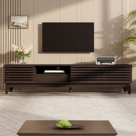 Mueble para TV 170x35x40 cm con 3 puertas, 1 cajón, 1 estantería, de madera, natural (1/5)