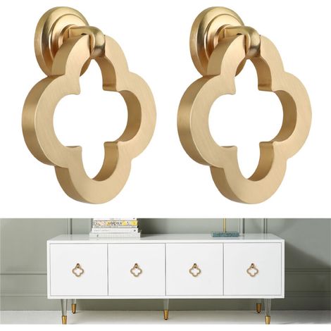 Lot de 2 poignées de tiroir en laiton brossé avec anneau, pour meubles et portes, couleur or. (1/5)