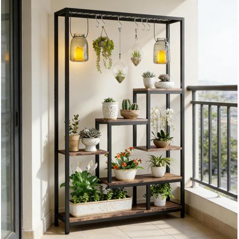 Étagère à plantes 7 niveaux métal bois noir OKMYHOME (1/5)