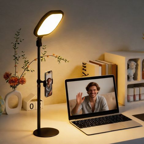 Lampe selfie visioconférence – 5 couleurs, 10 niveaux de luminosité, support téléphone intégré, mémoire pour télétravail (1/5)