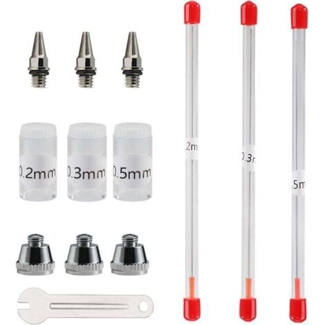 Buse et Aiguille pour Aérographe 0,2 mm, 0,3 mm, 0,5 mm, Accessoires de Rechange pour Pistolet pulvérisateur, kit avec clé à molette (1/5)