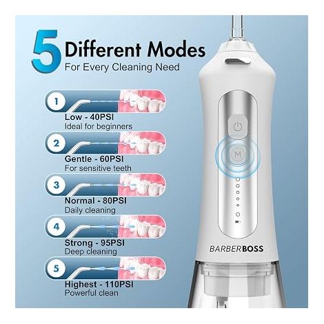 Hydropulseur, éliminateur de plaque dentaire, Hydropulseur électrique, Irrigateur dentaire avec embouts jet et modes nettoyage, Irrigateur buccal, Nettoyeur de dents, QR-7024, (Blanc) (1/4)
