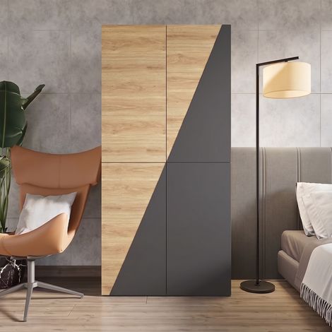 Armario de dormitorio 90x50x200 cm, ropero moderno con puertas batientes, 2 cajones y barra para colgar, MDF y acero, Gris carbón y Madera (1/5)