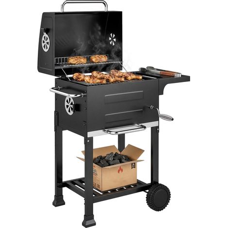 Barbecue au charbon de bois avec thermomètre pour terrasse et jardin, noir bois traité contre les insectes et la pourriture