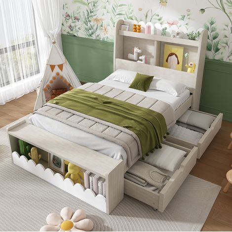 Lit enfant 90 x 200 cm blanc et chêne clair avec rangement, étagères et banquette intégrés (1/5)