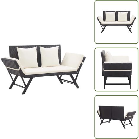 The Living Store Panchina da Giardino con Cuscini 176 cm Nera in Polyrattan - Lettino sdraio