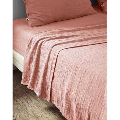 Drap plat 240 x 300 cm Double gaze de coton luxe Gaïa Rose pêche (1/2)