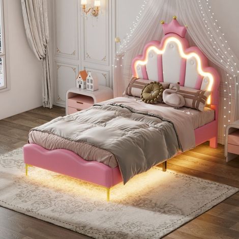 Cama infantil 90x190 cm - Nube y Corona - Cabecera acolchada ajustable - LED integrada - Somier de lamas incluido