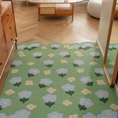 Fleurs vertes [Disposition verticale] 4060cm Boucle en soie Tapis de sol miniature à boucles, résistant, antitache et anti-usure, idéal pour enlever la boue et la saleté de l'entrée. Personnalisable. (1/5)