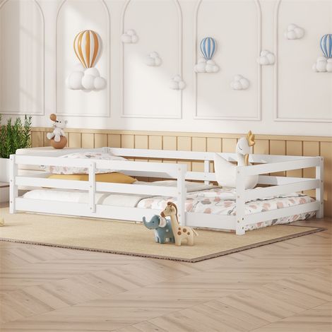 Lit Enfant Montessori 140x200 cm - Cadre de Lit au Sol avec Barrière de Sécurité en Pin Massif - Montage Facile - Blanc (1/5)