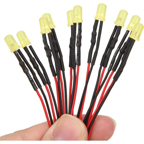 100 LED 12V avec fil, tête ronde, haute luminosité, à passage direct, fil de 20 cm de long, couleur jaune 5 mm. (1/5)
