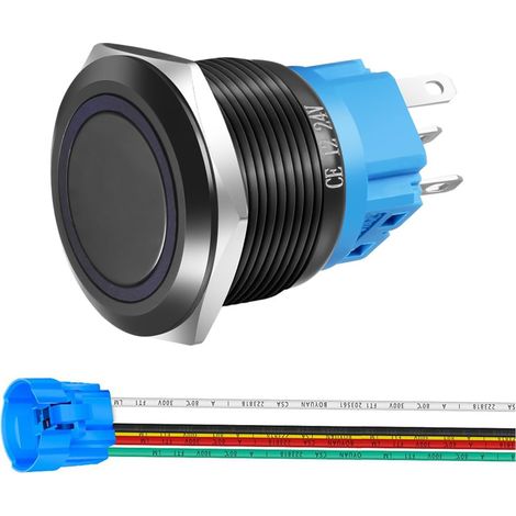 Bouton-Poussoir Momentané en Acier Inoxydable 22mm 12V-24V LED 1NO1NC SPDT on Off Etanche avec Prise de Fil (LED Bleue et Coque Noire) (1/5)
