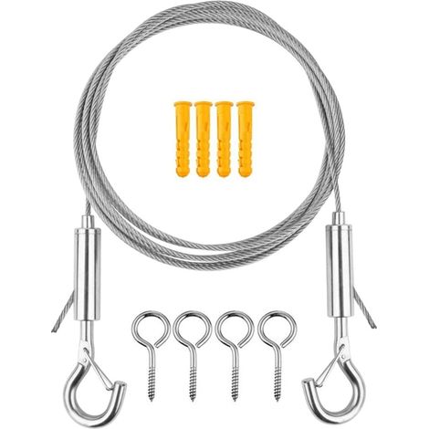 Filo per tende in acciaio inossidabile, cavo per tende da 5 m, fune metallica per tende, cavo per tende con 4 ganci per aste per tende con occhielli, ganci per aste per tende e rete con occhielli