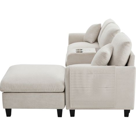 Canapé d'angle moderne en forme de L avec console, tissu en velours côtelé, 2 porte-gobelets et ports USB (1/5)