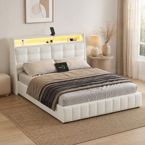 DESMIU Lit plateforme 160 × 200 cm 2 places avec LED, USB et rangement, sans matelas, en PU, blanc (1/4)
