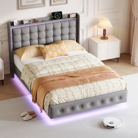 Lit 160x200 cm avec sommier à Lattes, Lit Coffre avec Port USB de Type C, Lumière LED, Tête de Lit avec Rangement, Flanelle- Gris