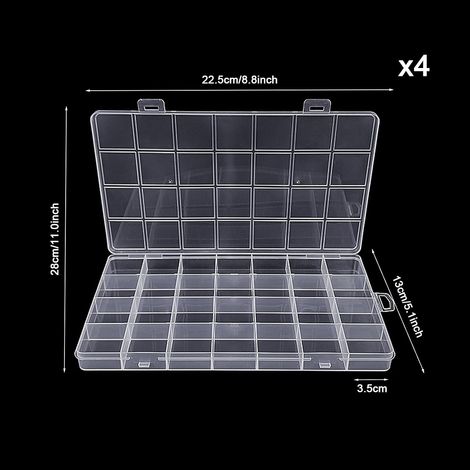 Set mit 4 transparenten Aufbewahrungsboxen aus Kunststoff mit 28 Fächern für Bastelmaterial, Perlen, Schmuck und Kleinteile, inklusive Etiketten (1/4)