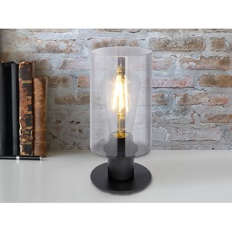 LED Tischleuchte Rauchglas Zylinder Lampenschirm, Metall Schwarz, Höhe 21,5cm (1/5)