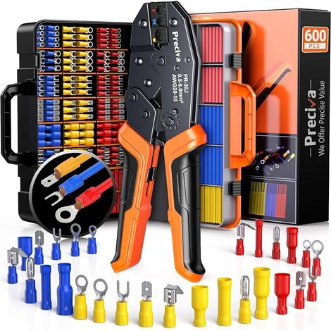 Preciva Pince à Sertir avec 600 pcs (490 Cosses Electriques Isolée + 110 Gaine Thermorétractable), 0.5-6mm² Cosses Electriques a Sertir pour Réparations Électriques, avec Caisse à Outils à 2 Niveaux (1/5)