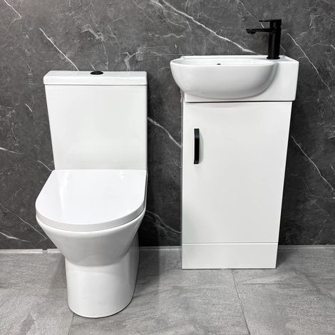 Bathroom Set Cloakroom White Vanity Unit Black Handle and Open Back Toilet, Without Tap & Waste