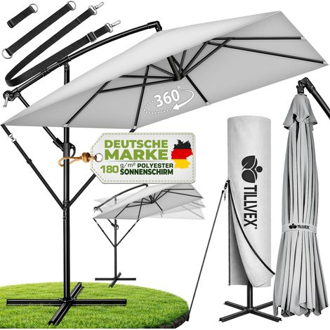 tillvex® Alu Sonnenschirm Rechteckig Ø 330 cm Grau + Abdeckung mit Kurbel Ampelschirm Eckig mit Ständer & Windschutz Gartenschirm UV-Schutz Aluminium Kurbelschirm Marktschirm wasserdicht 360° drehb