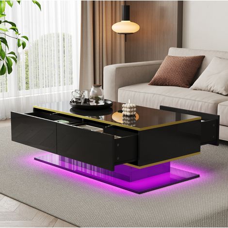 Mesa de centro 100x50x40 cm negro y dorado en tablero de partículas con LED y 3 cajones (1/5)
