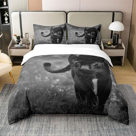 Parure de lit motif léopard 100 % coton naturel avec housse de couette 155 x 220 cm et 1 taie d'oreiller, motif léopard noir (1/5)