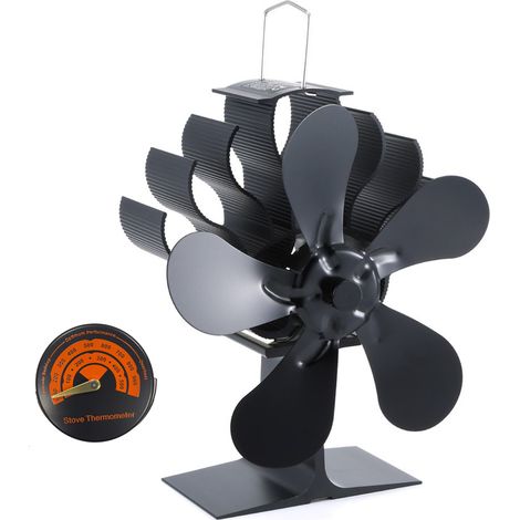 Ventilateur de poêle à bois à 5 pales en alliage d'aluminium, silencieux et écologique, avec thermomètre magnétique intégré pour une distribution efficace de la chaleur dans votre cheminée. (1/2)